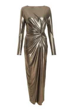 Quiz Evening Dresses|Occasion Dresses>Gold Foil Ruched Maxi Dress