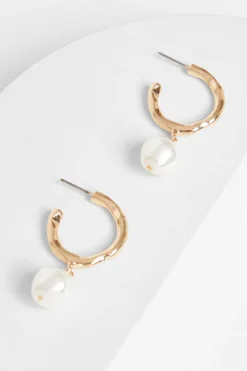 Quiz Jewellery|Holiday Accessories>Gold Pearl Textured Hoop Earrings