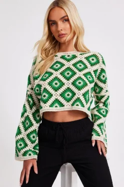 Quiz Summer Tops|Day Tops>Green Crochet Geometric Crop Top