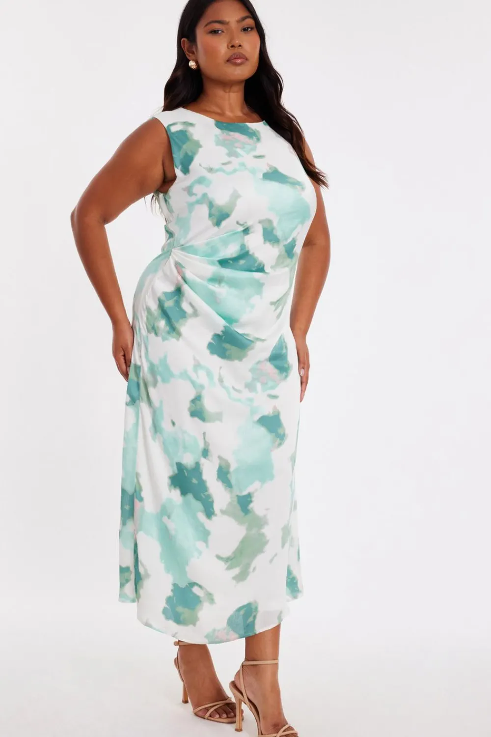 Quiz Day At The Races|Christening Guest>Green Curve Satin Marble Midaxi Dress