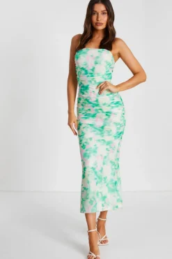 Quiz Summer Clothes|Holiday>Green Floral Abstract Mesh Midi Dress
