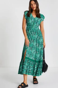 Quiz Summer Clothes|Crochet>Green Leopard Print Crochet Trim Midaxi Dress