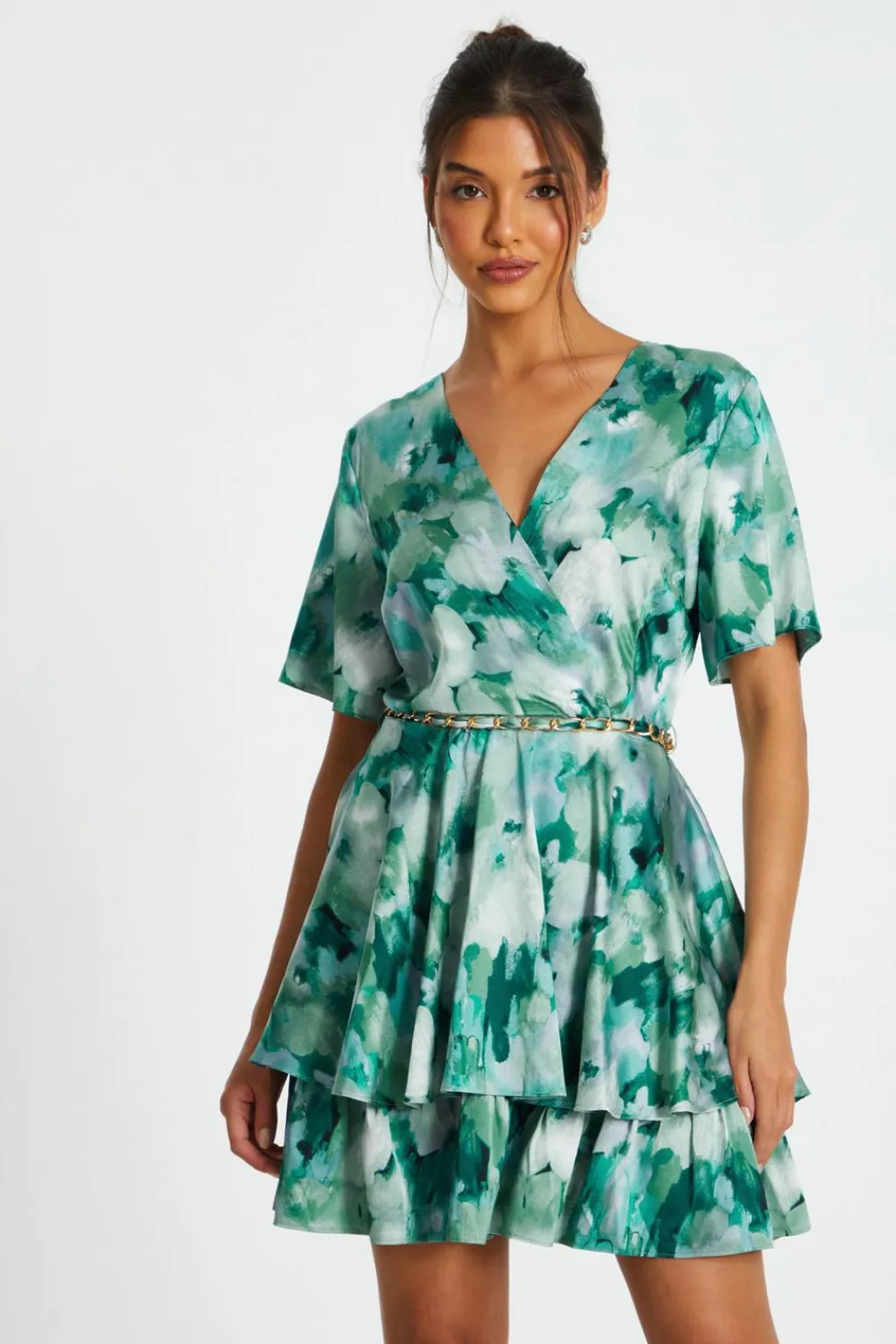 Quiz Summer Clothes|Holiday>Green Marble Print Tiered Skater Dress