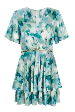 Quiz Summer Clothes|Holiday>Green Marble Print Tiered Skater Dress