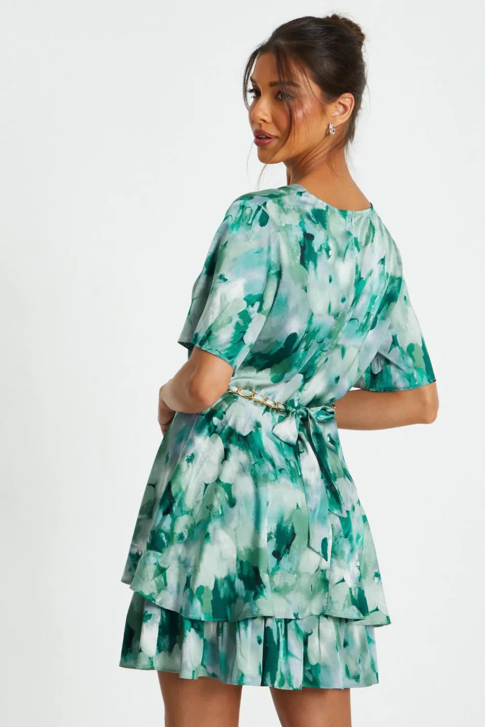 Quiz Summer Clothes|Holiday>Green Marble Print Tiered Skater Dress