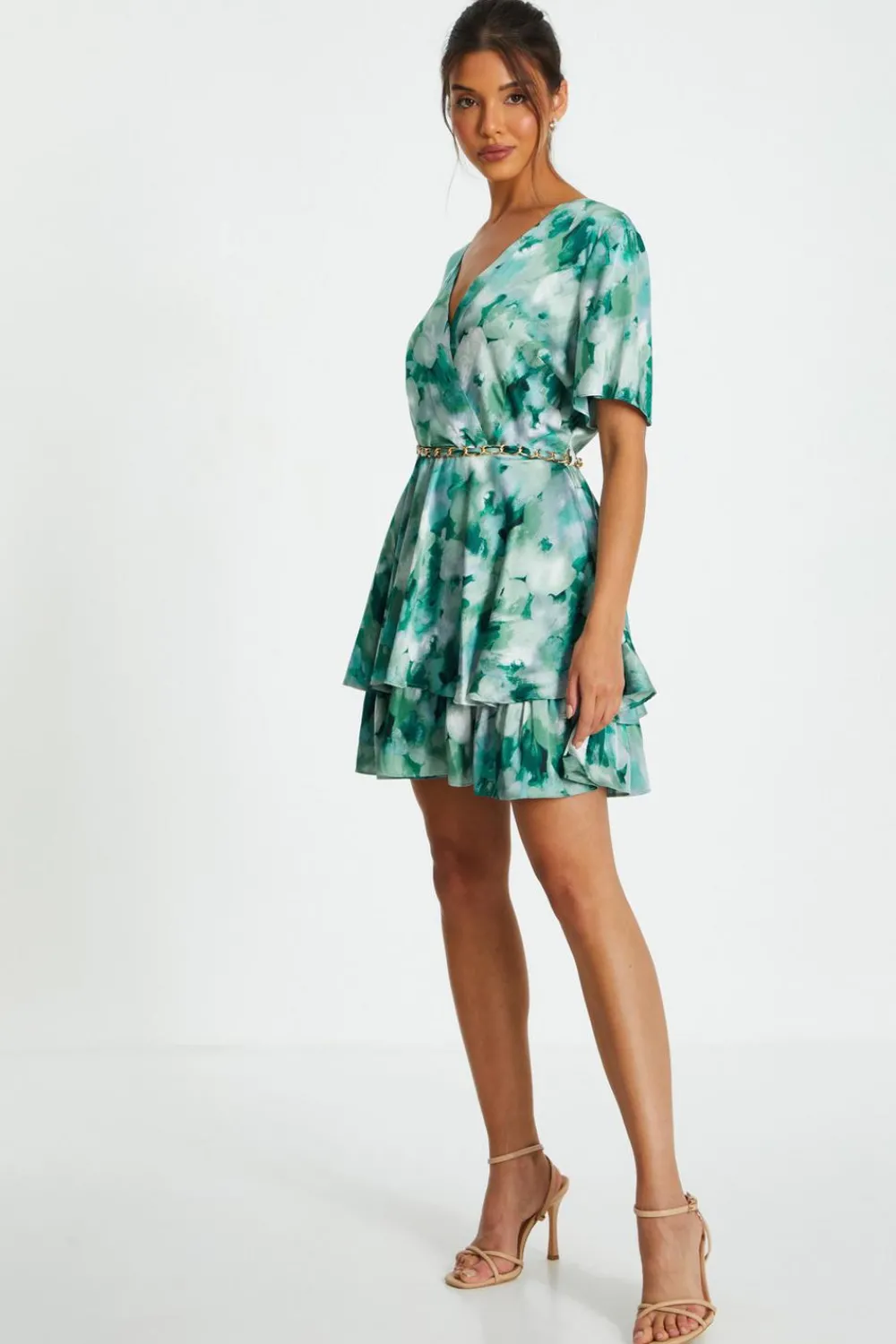 Quiz Summer Clothes|Holiday>Green Marble Print Tiered Skater Dress