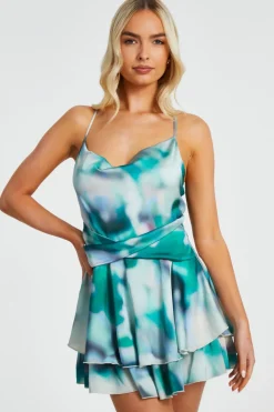 Quiz Playsuits|Summer Clothes>Green Marble Print Tiered Playsuit