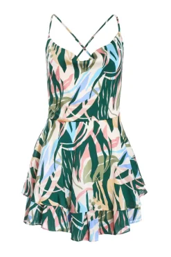Quiz Playsuits|Summer Clothes>Green Tropical Print Satin Playsuit
