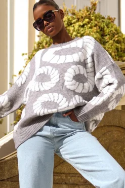 Quiz Knitwear|Casual Clothing>Grey Knit Printed Jumper