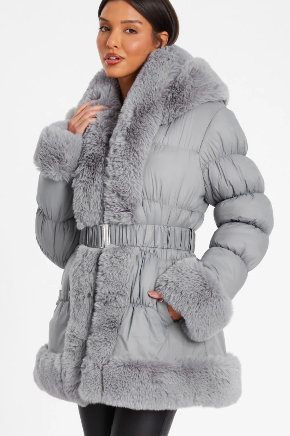 Quiz Casual Clothing>Padded Faux Fur Trim Jacket