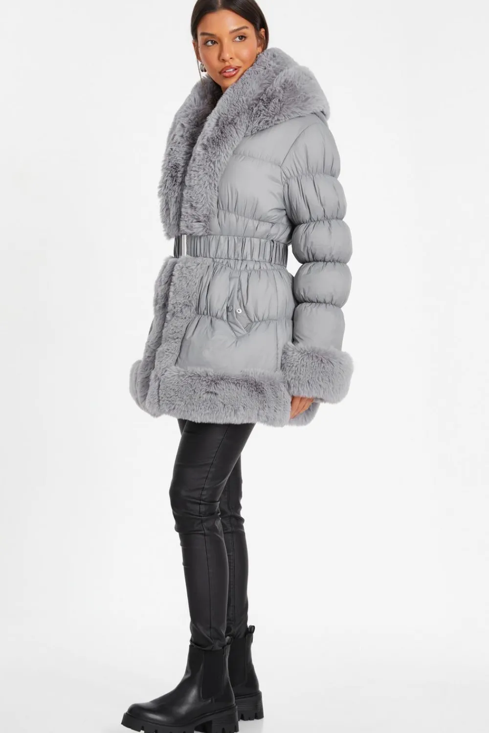 Quiz Casual Clothing>Padded Faux Fur Trim Jacket