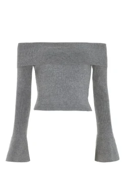 Quiz Crop Tops|Bardot Tops>Grey Ribbed Bardot Jumper