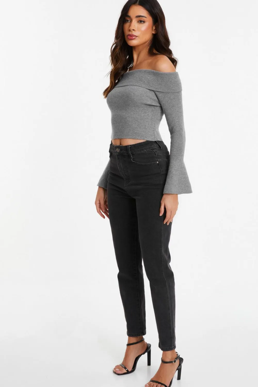 Quiz Crop Tops|Bardot Tops>Grey Ribbed Bardot Jumper