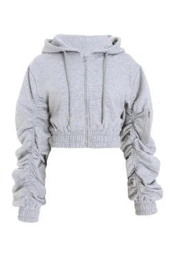 Quiz Everyday Essentials|Co-Ords>Ruched Sleeve Cropped Hoodie
