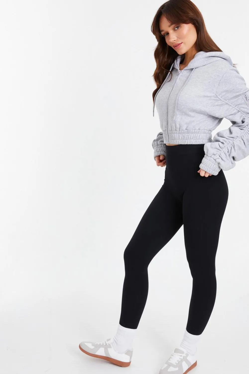 Quiz Everyday Essentials|Co-Ords>Ruched Sleeve Cropped Hoodie