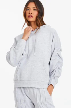 Quiz Everyday Essentials|Co-Ords>Grey Ruched Sleeve Oversized Hoodie