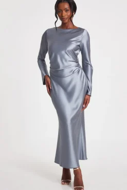 Quiz Prom Dresses|Evening Dresses>Grey Satin Ruched Side Midaxi Dress