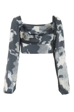 Quiz Going Out Tops|Crop Tops>Grey Satin Smudge Print Cropped Top