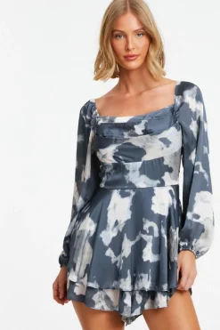 Quiz Playsuits|Playsuits>Grey Smudge Print Playsuit