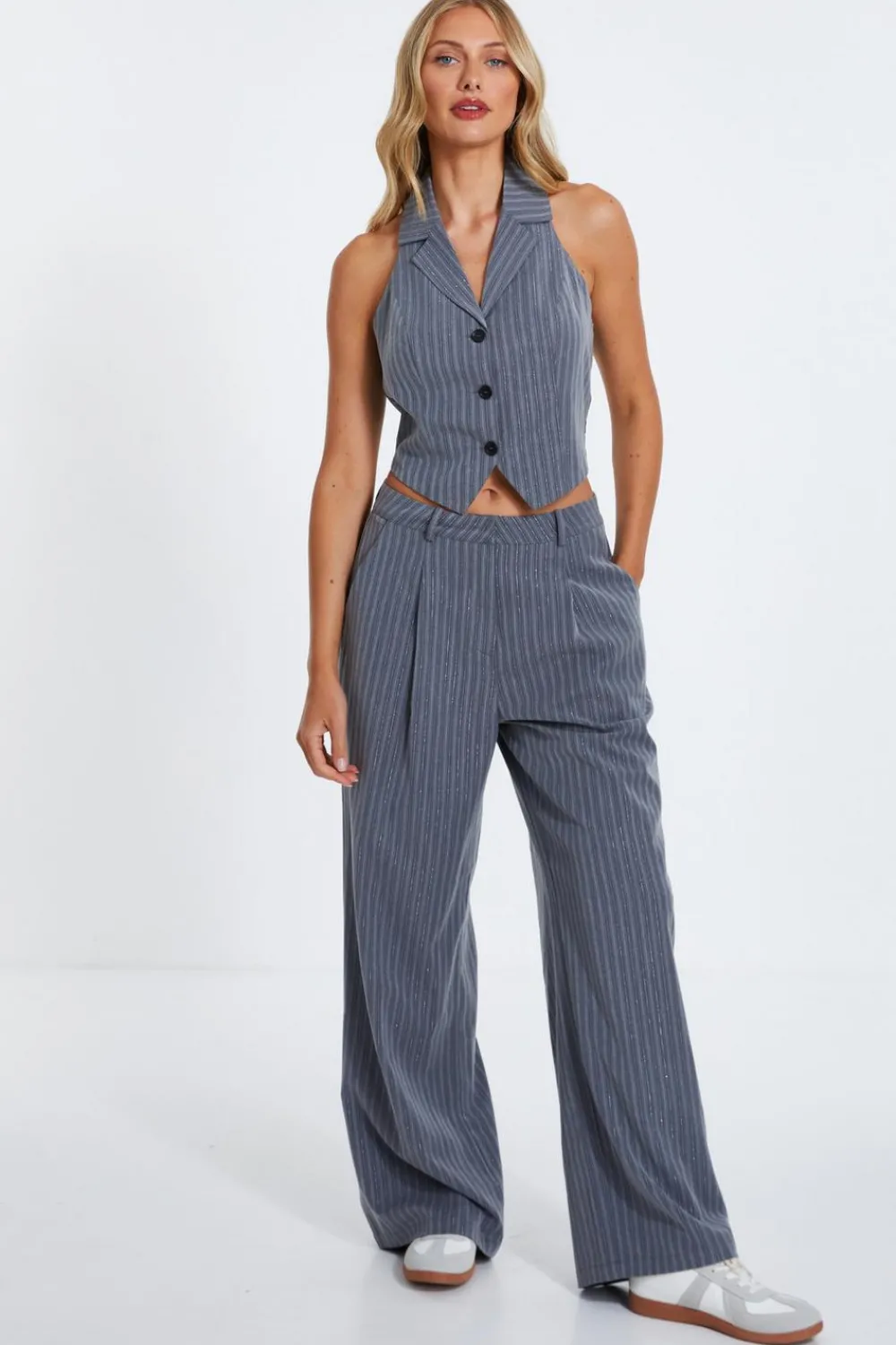 Quiz Workwear|Trousers>Grey Stripe High Waist Trouser