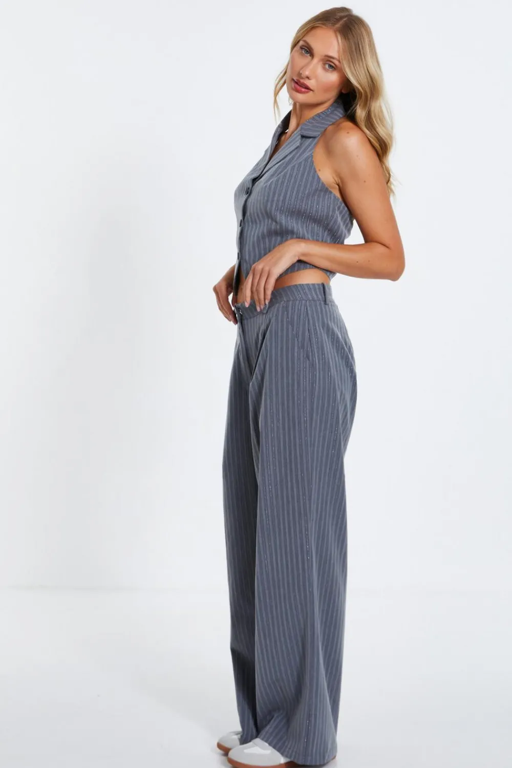 Quiz Workwear|Trousers>Grey Stripe High Waist Trouser