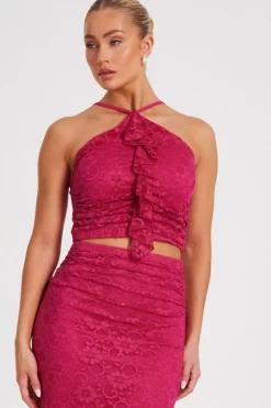 Quiz Summer Tops|Going Out Tops>Hot Pink Lace Crop Top
