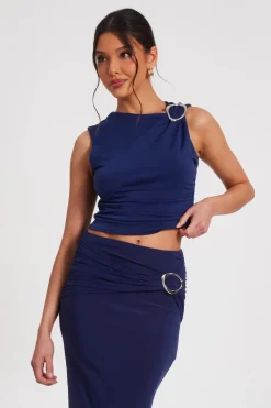 Quiz Going Out Tops|Crop Tops>Indigo Buckle Detail Cropped Top