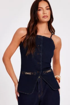 Quiz Waistcoat|Going Out Tops>Indigo Denim Buckle Waistcoat