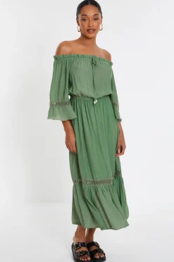 Quiz Crochet|Casual Clothing>Khaki Bardot Crochet Midaxi Dress