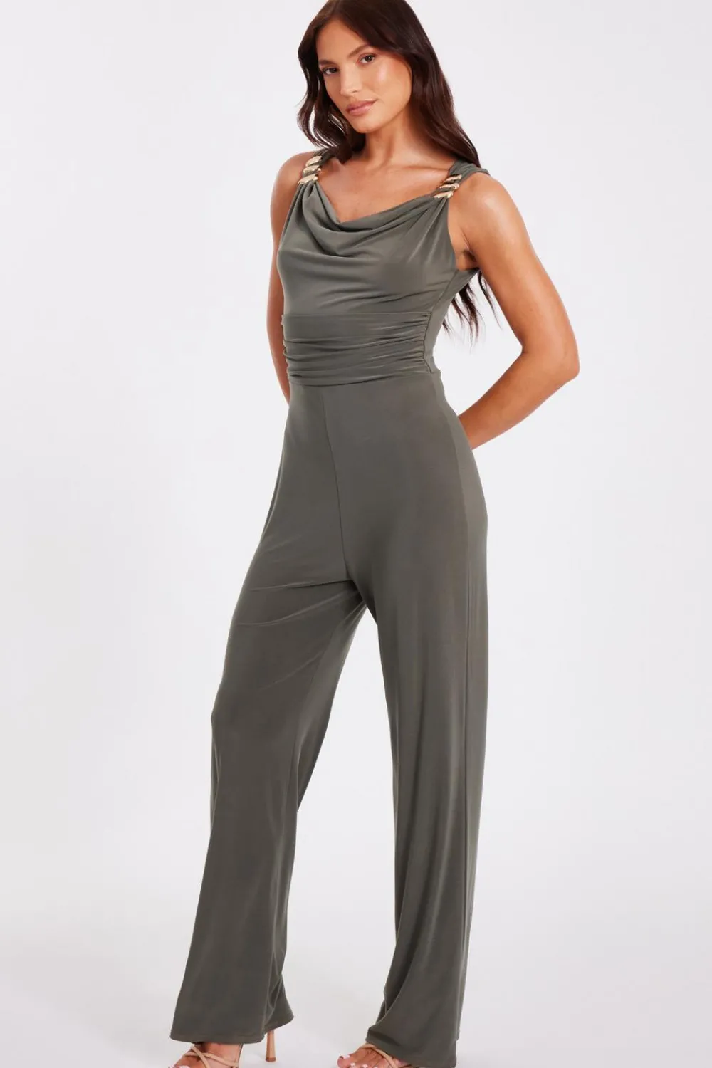 Quiz Going Out Jumpsuits|Evening Jumpsuits>Khaki Buckle Detail Jumpsuit