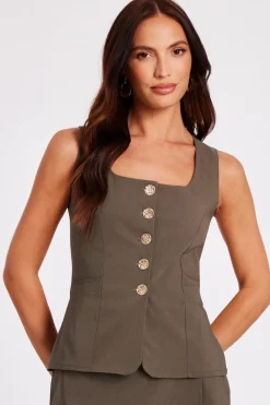 Quiz Waistcoat|Going Out Tops>Khaki Button Front Waistcoat