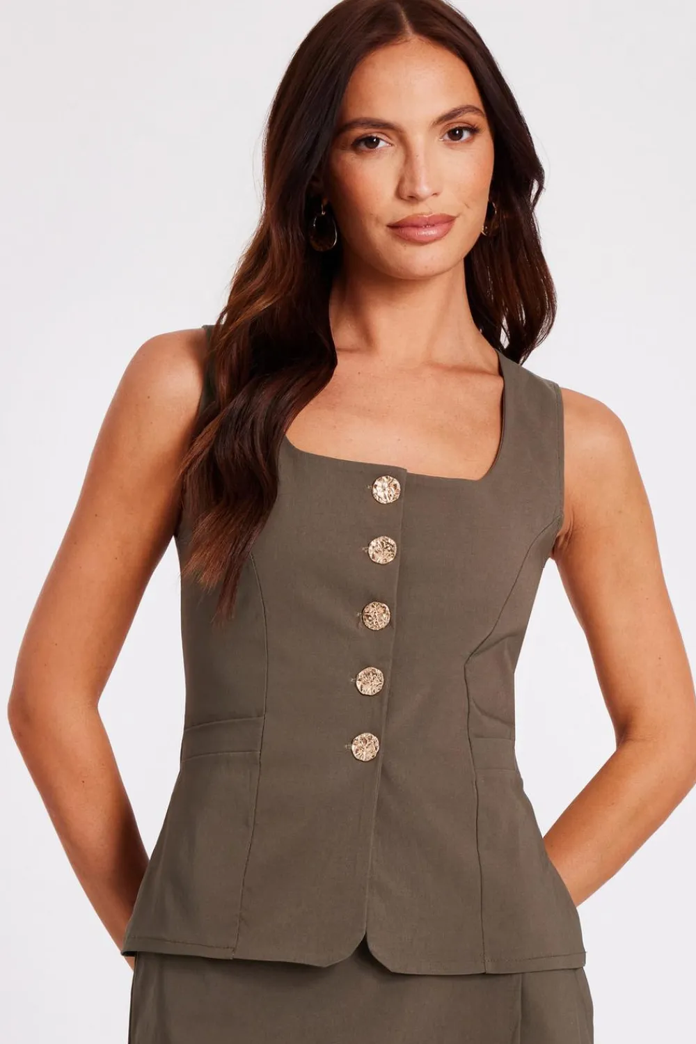 Quiz Waistcoat|Going Out Tops>Khaki Button Front Waistcoat