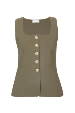 Quiz Waistcoat|Going Out Tops>Khaki Button Front Waistcoat