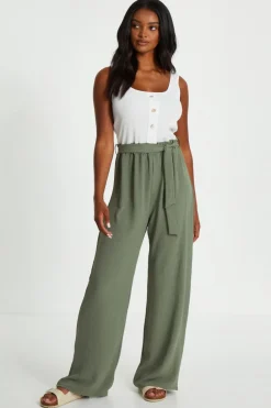 Quiz Summer Jumpsuits|Summer Clothes>Khaki Contrast Ribbed Palazzo Jumpsuit