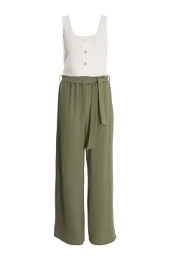 Quiz Summer Jumpsuits|Summer Clothes>Khaki Contrast Ribbed Palazzo Jumpsuit