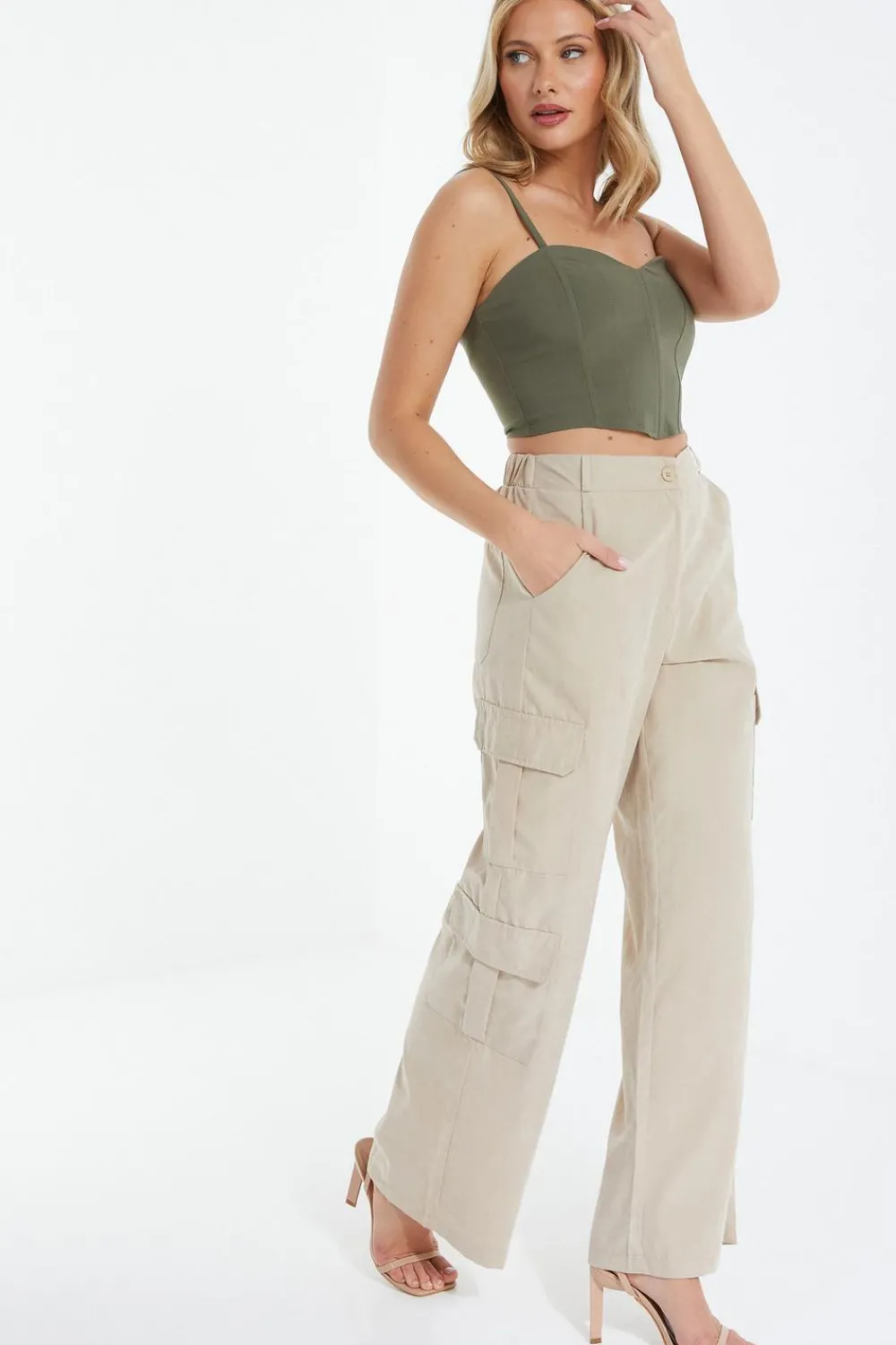 Quiz Summer Tops|Going Out Tops>Khaki Cropped Corset Top