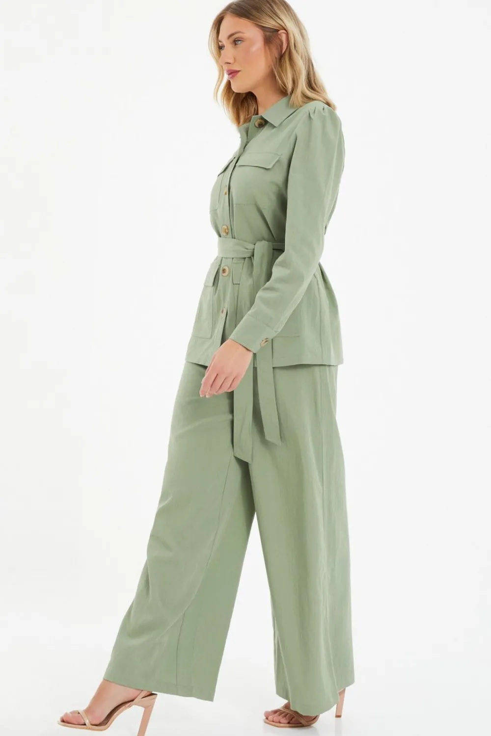 Quiz Trousers|Co-Ords>Khaki Linen Wide Leg Trousers
