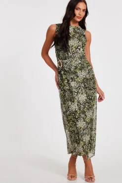 Quiz Summer Clothes|Going Out>Khaki Mesh Animal Print Midaxi Dress