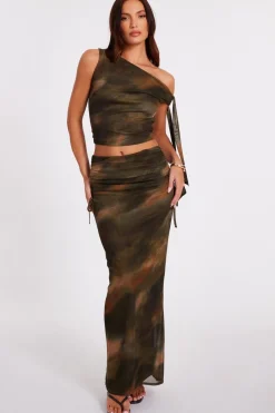 Quiz Skirts|Going Out>Khaki Mesh Ruched Midaxi Skirt