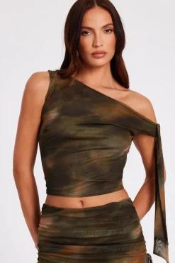 Quiz Going Out Tops|Crop Tops>Khaki Mesh Tie Shoulder Crop Top