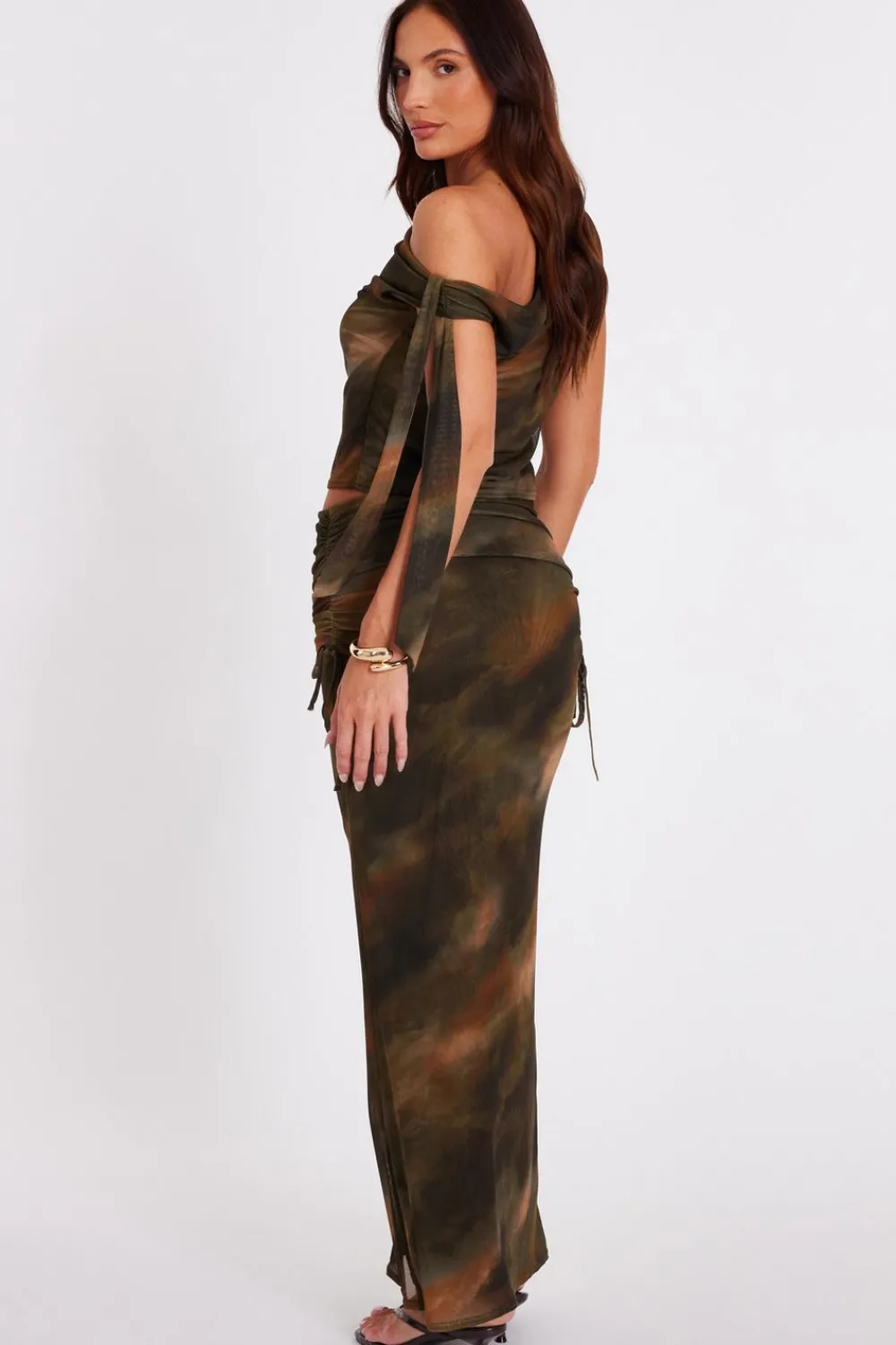 Quiz Going Out Tops|Crop Tops>Khaki Mesh Tie Shoulder Crop Top