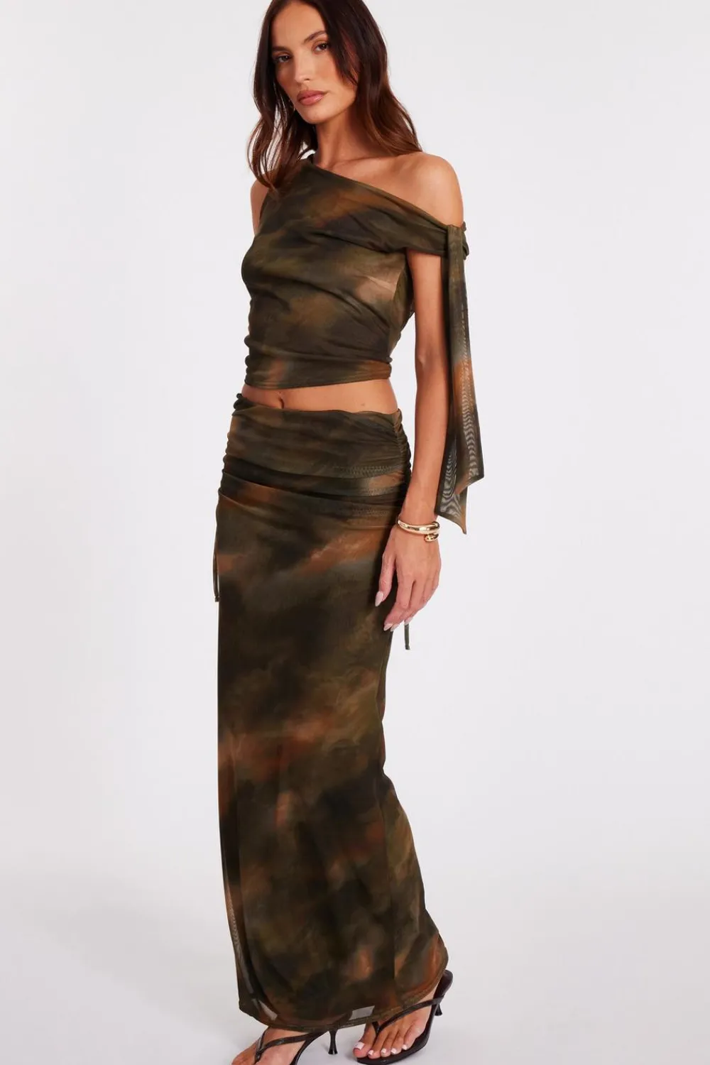 Quiz Going Out Tops|Crop Tops>Khaki Mesh Tie Shoulder Crop Top