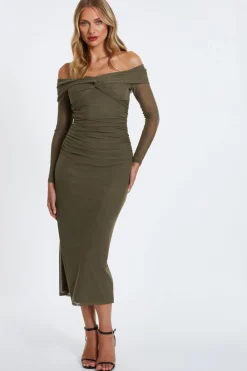 Quiz Midi Dresses|Green Dresses>Khaki Mesh Twist Bardot Midaxi Dress
