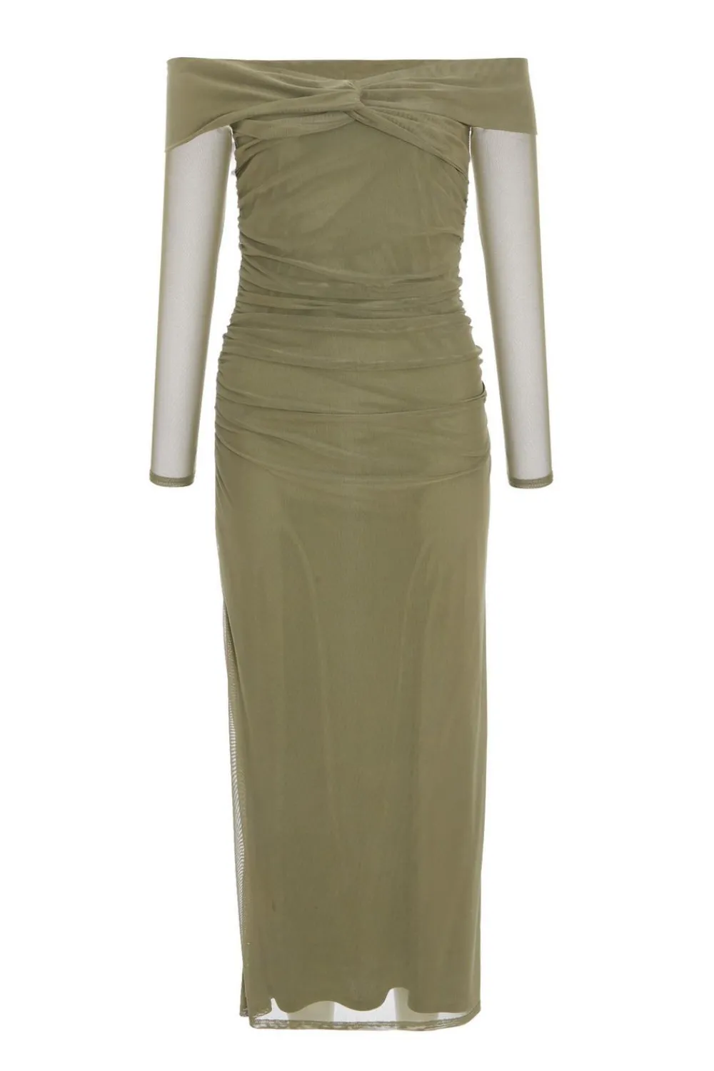 Quiz Midi Dresses|Green Dresses>Khaki Mesh Twist Bardot Midaxi Dress
