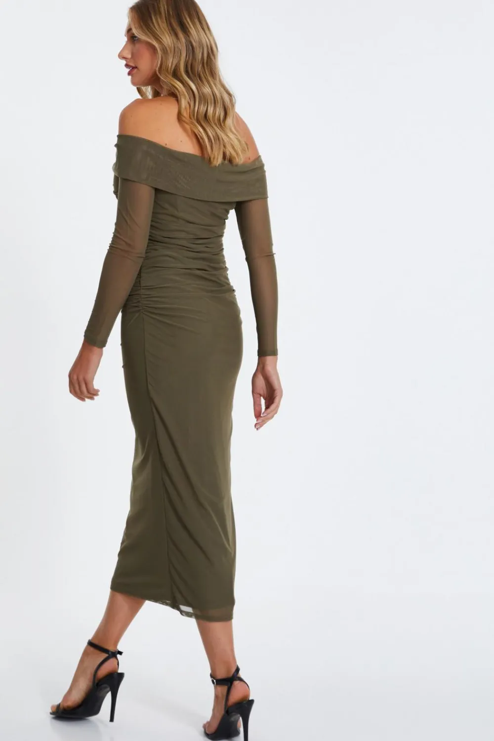 Quiz Midi Dresses|Green Dresses>Khaki Mesh Twist Bardot Midaxi Dress