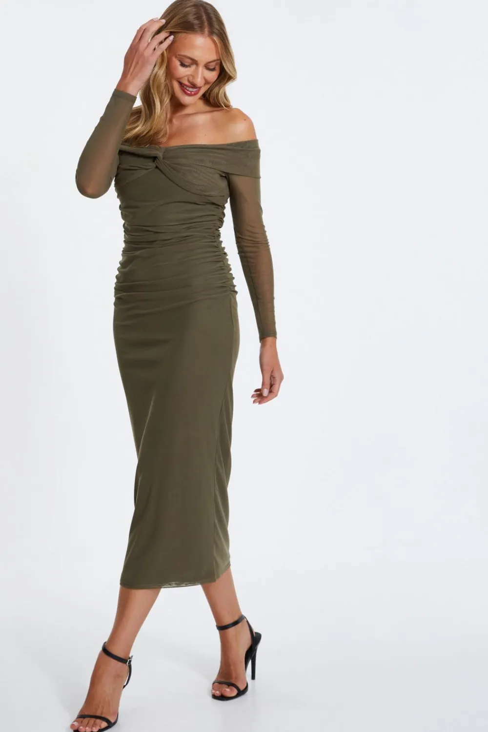 Quiz Midi Dresses|Green Dresses>Khaki Mesh Twist Bardot Midaxi Dress