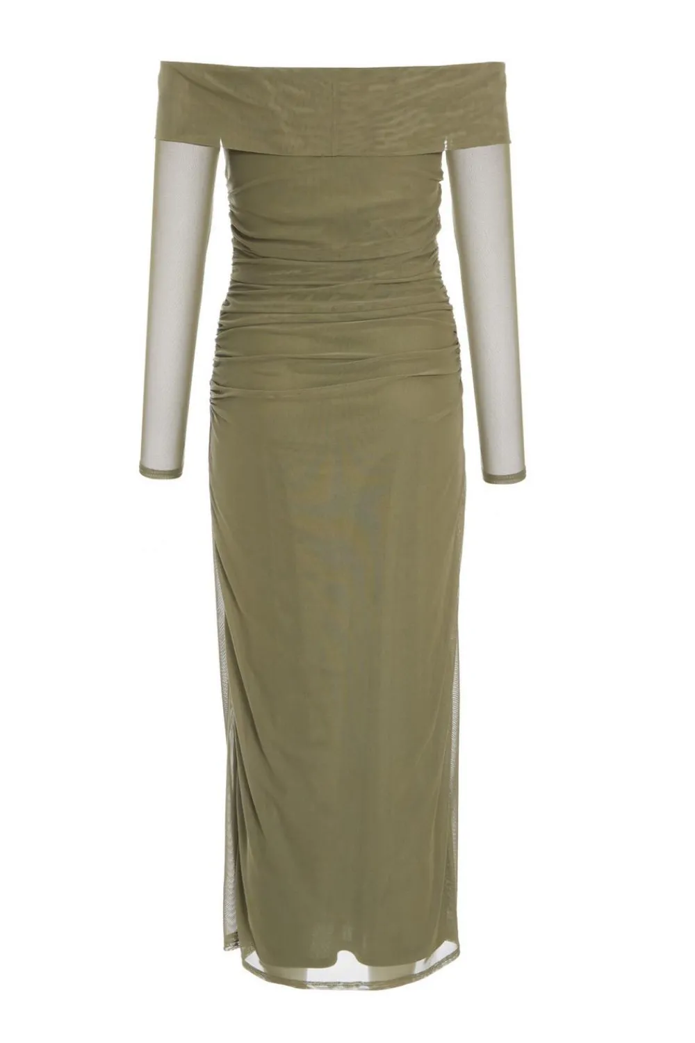 Quiz Midi Dresses|Green Dresses>Khaki Mesh Twist Bardot Midaxi Dress