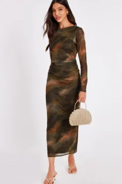Quiz Going Out|Dresses>Khaki Printed Long Sleeve Midaxi Dress