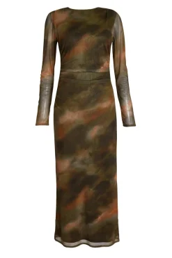 Quiz Going Out|Dresses>Khaki Printed Long Sleeve Midaxi Dress