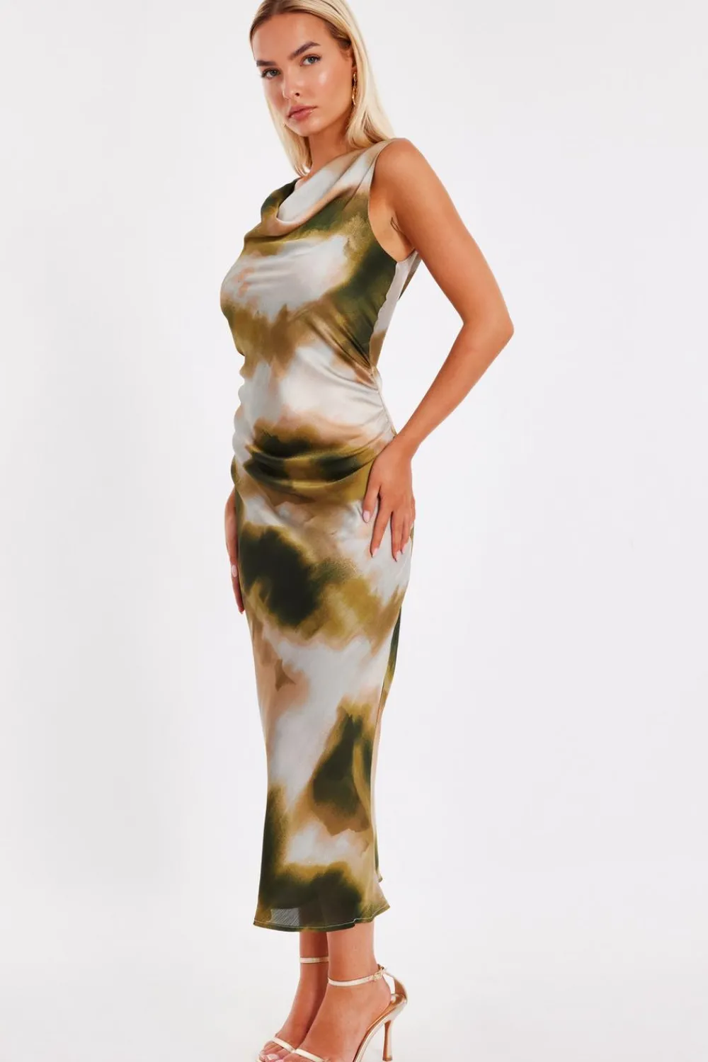Quiz Day At The Races|Christening Guest>Khaki Printed Satin Midaxi Dress